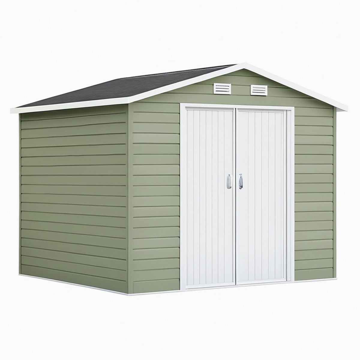 Abri de jardin 213 x 191 x 195 cm en résine vert et blanc - double porte ventilée