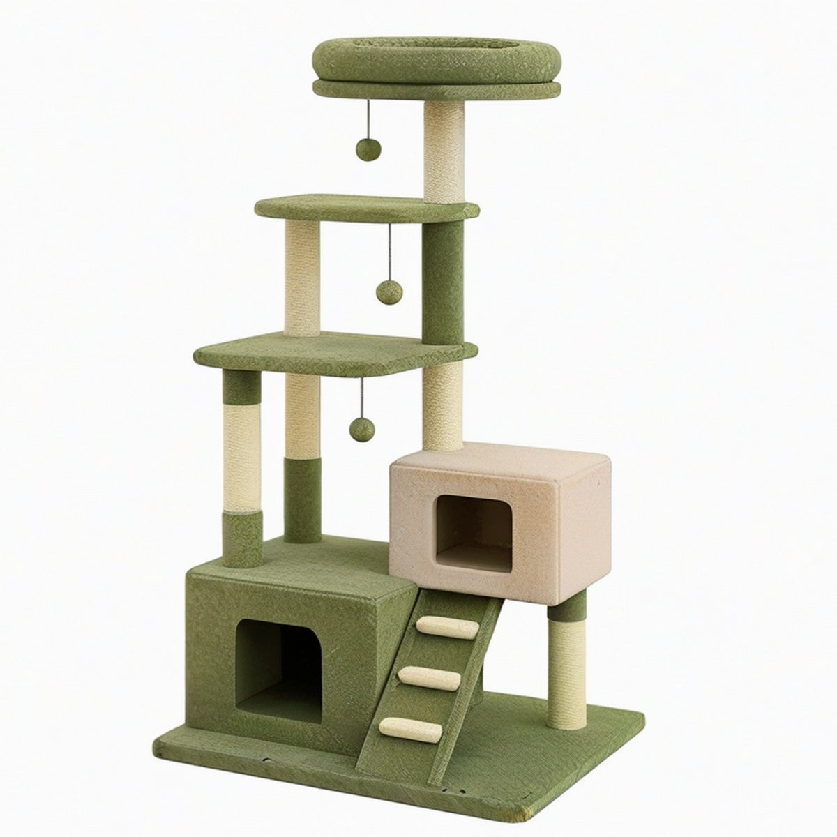 Arbre à chat 60 x 50 x 150 cm en peluche vert et beige avec griffoirs et niches