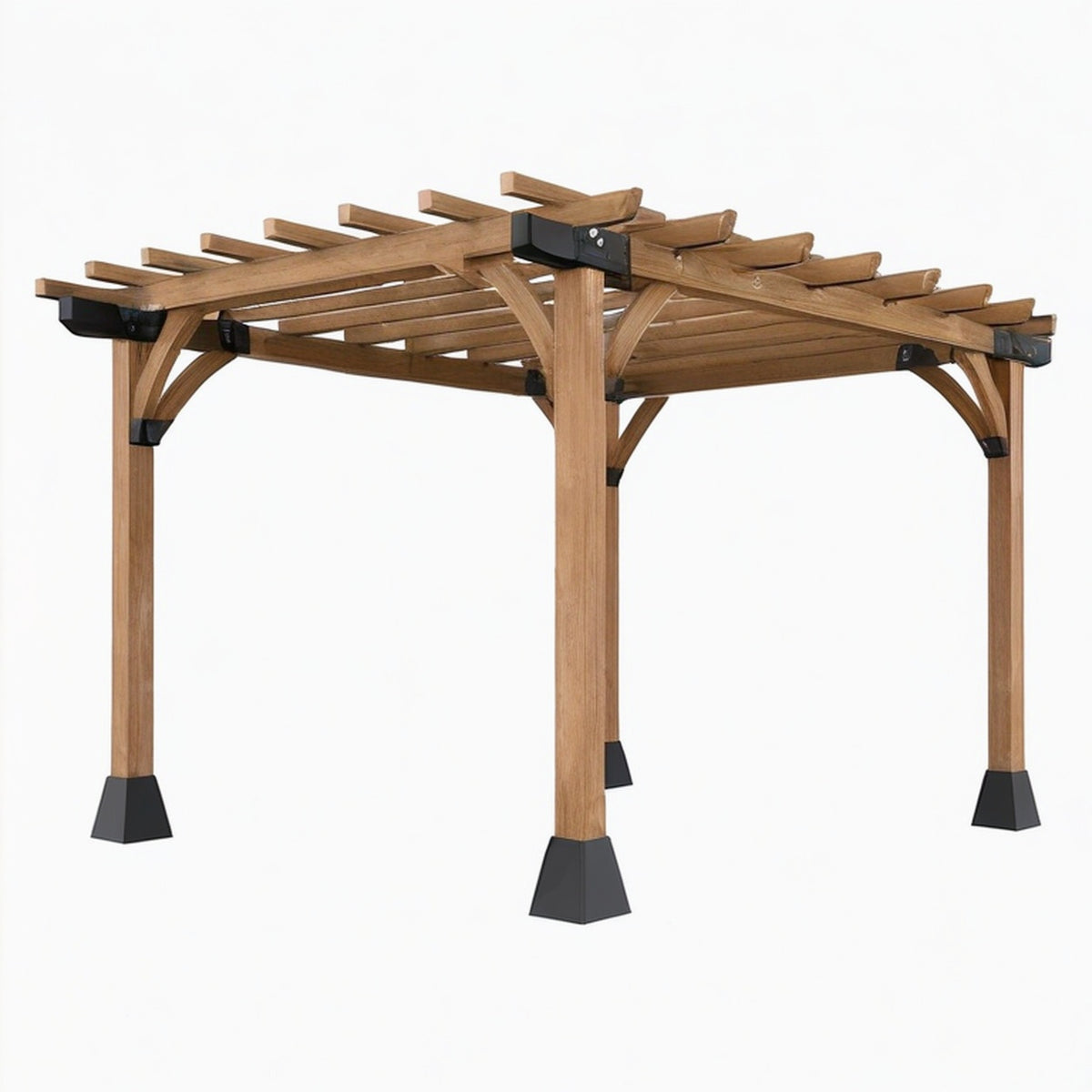 Pergola de jardin 300 x 300 x 240 cm en bois marron avec ferrures noires style rustique