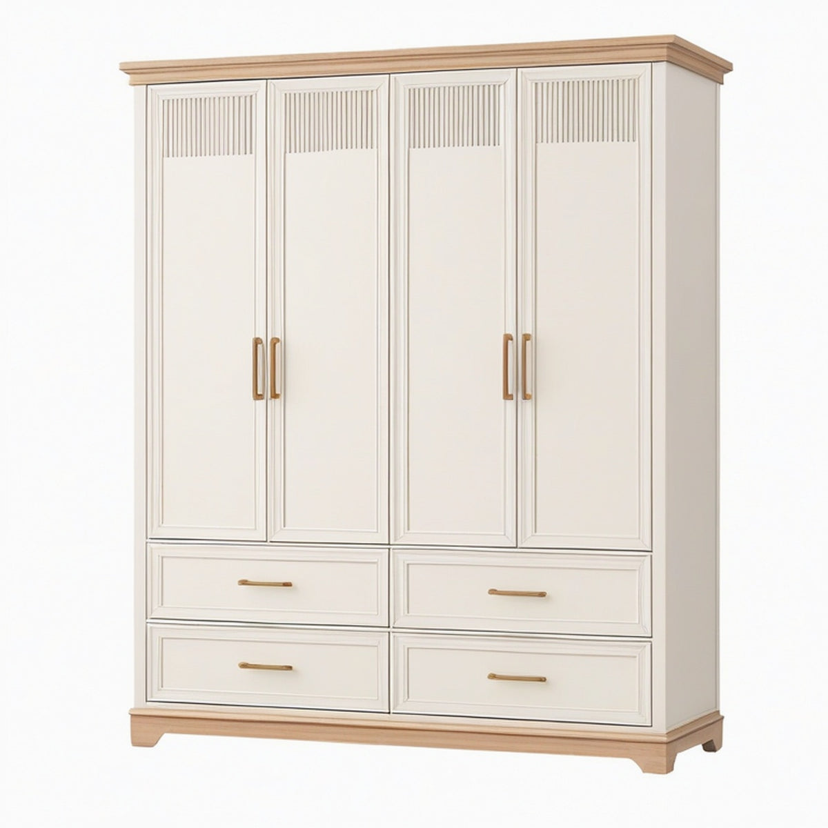 Armoire 200 x 60 x 220 cm en panneaux de bois blanc crème à 4 portes et 4 tiroirs style classique