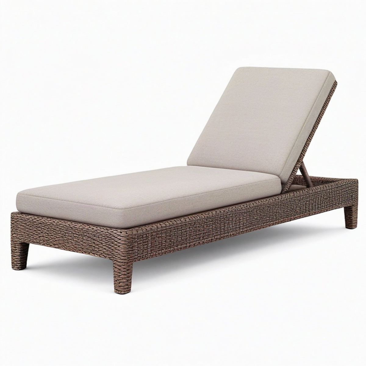 Bain de soleil 200 x 70 cm en résine tressée marron avec coussins beige - dossier inclinable extérieur