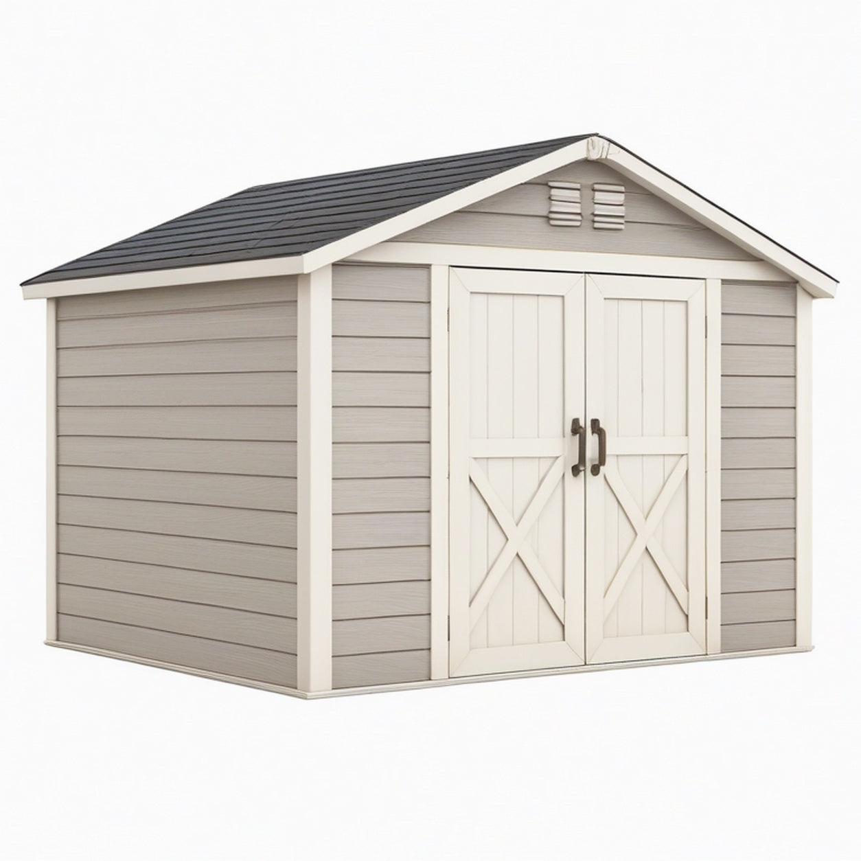 Abri de jardin 214 x 214 x 226 cm en résine gris et blanc avec double porte