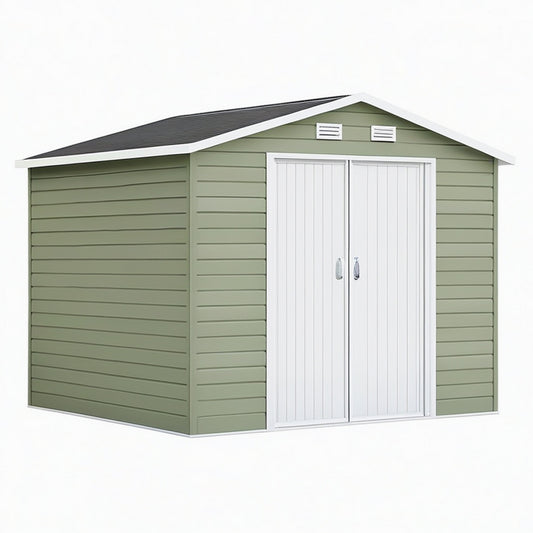 Abri de jardin 213 x 191 x 195 cm en résine vert et blanc - double porte ventilée