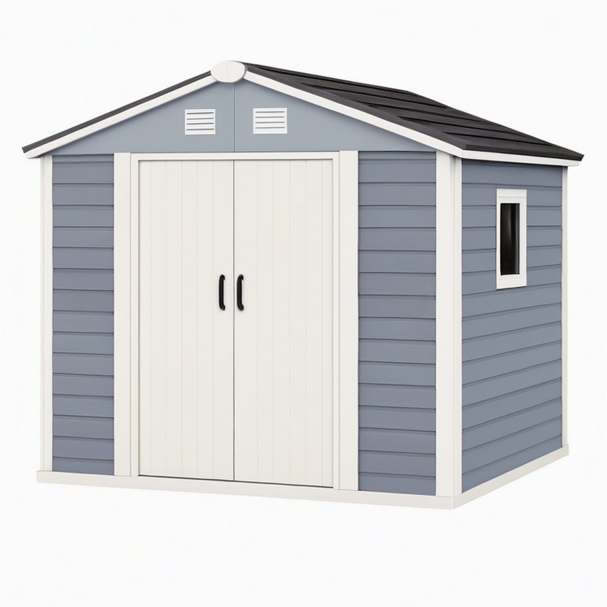 Abri de jardin 185 x 152 x 204 cm en résine gris et blanc à deux portes avec fenêtre