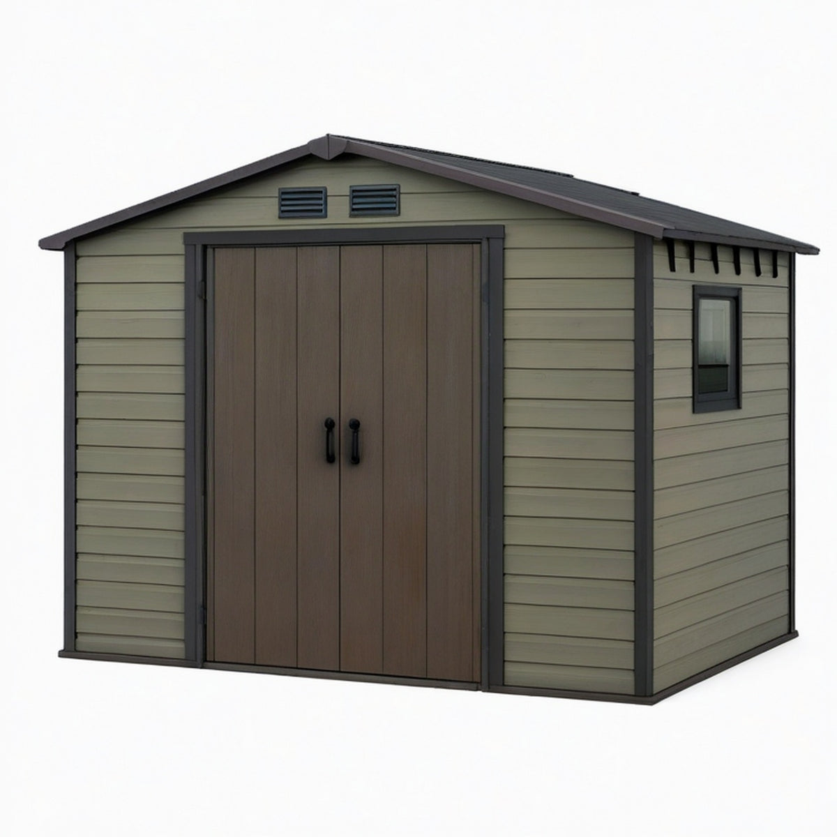 Abri de jardin 290 x 230 x 240 cm en résine vert olive style contemporain avec portes doubles