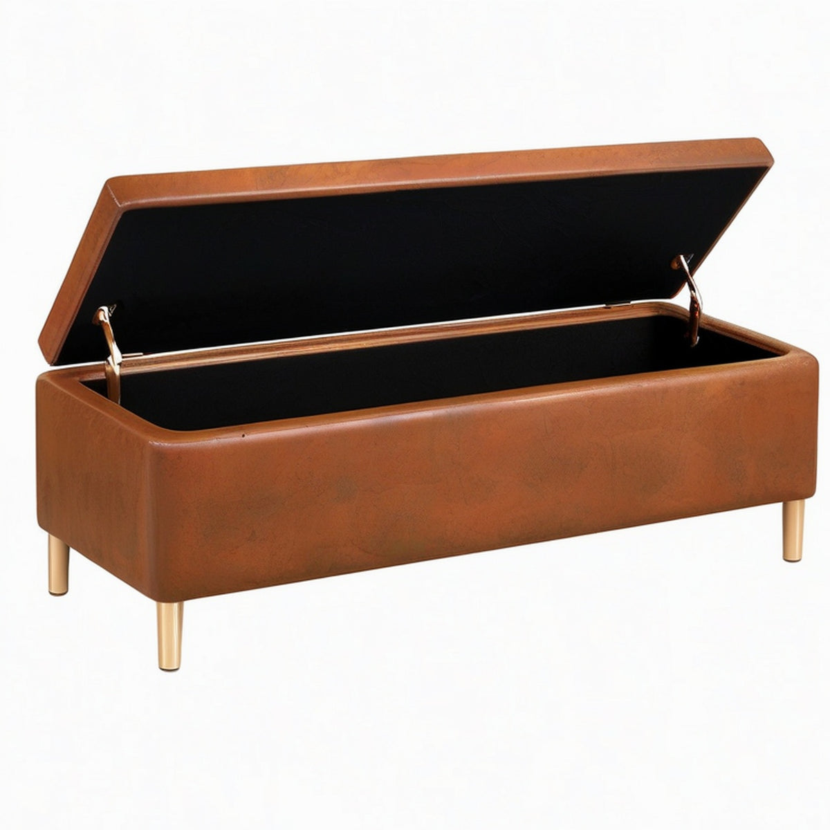 Banquette coffre 120 x 45 x 50 cm en cuir synthétique marron avec pieds métalliques dorés