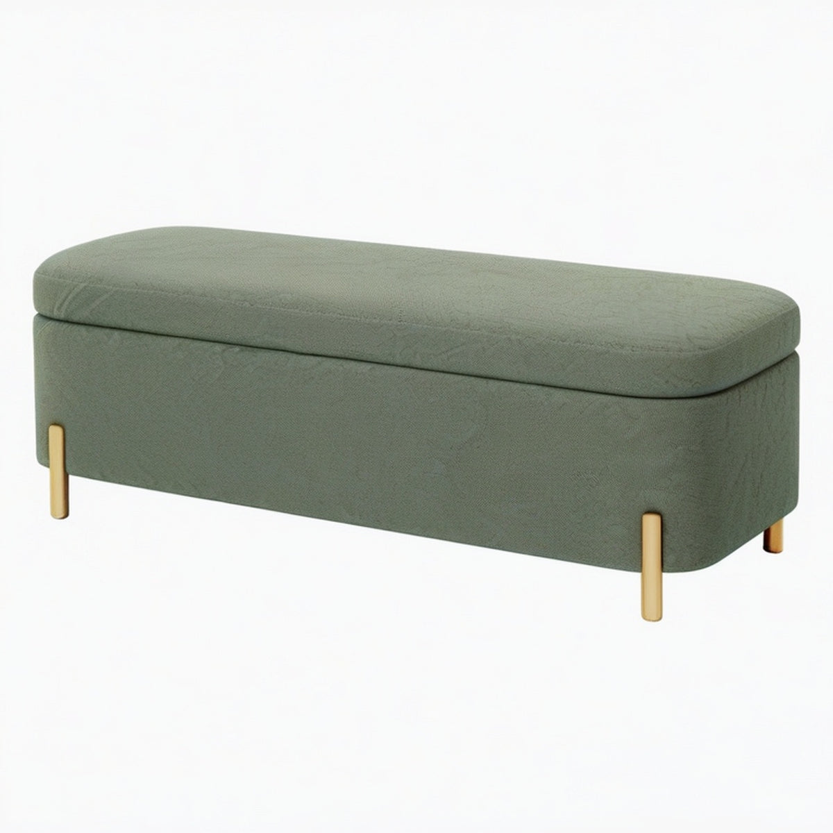 Banc coffre 120 cm en tissu vert avec pieds métalliques dorés - assise rangement style contemporain