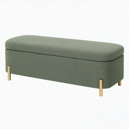 Banc coffre 120 cm en tissu vert avec pieds métalliques dorés - assise rangement style contemporain