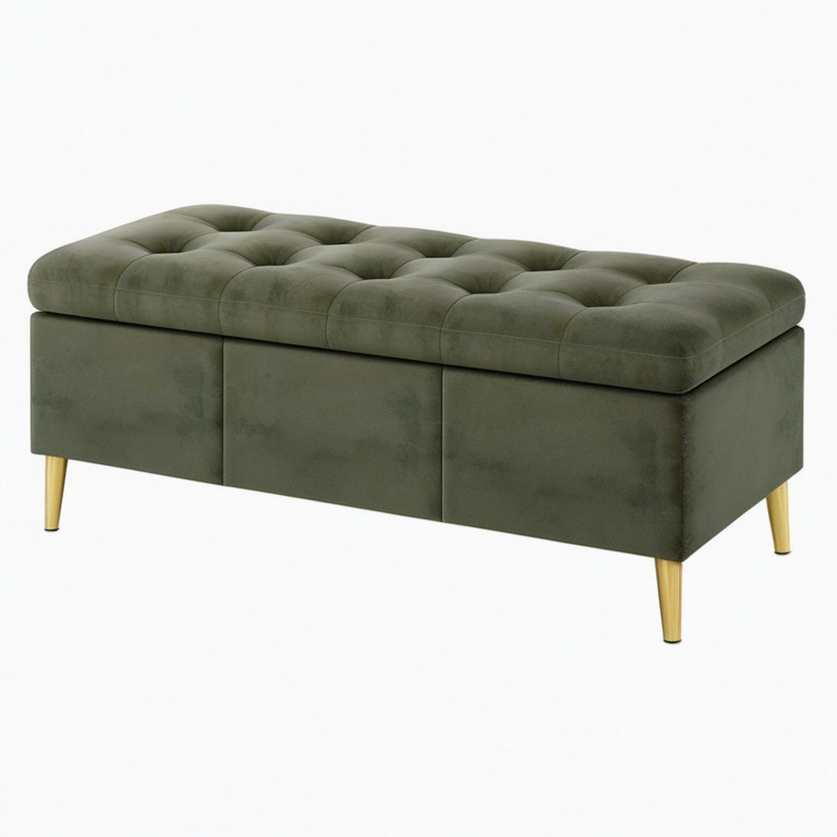 Banc coffre 120 x 45 x 46 cm en tissu effet velours vert olive avec rangement capitonné