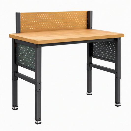Établi 120 x 60 x 150 cm en bois et acier noir avec panneau perforé