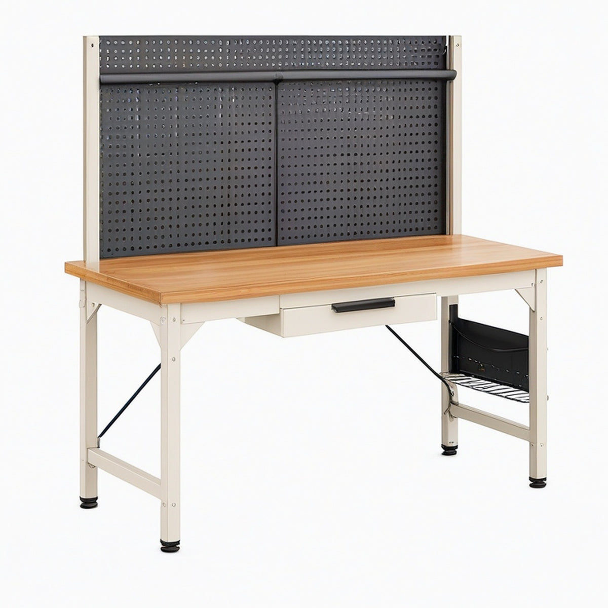 Établi d'atelier 120 x 60 x 150 cm en acier beige et plateau en bambou avec panneau perforé