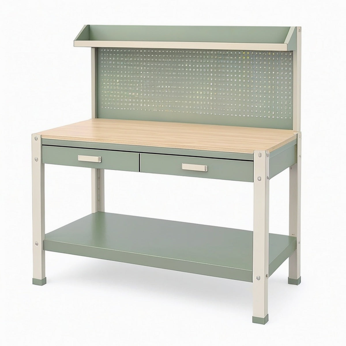 Table d'atelier 120 x 60 x 160 cm en métal vert et plateau aspect bois avec rangement