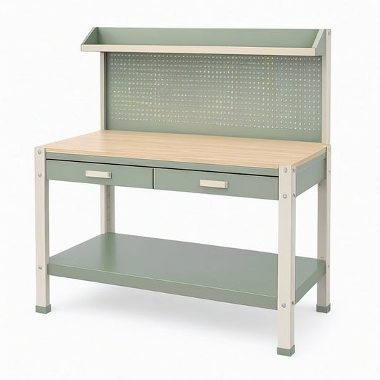 Table d'atelier 120 x 60 x 160 cm en métal vert et plateau aspect bois avec rangement