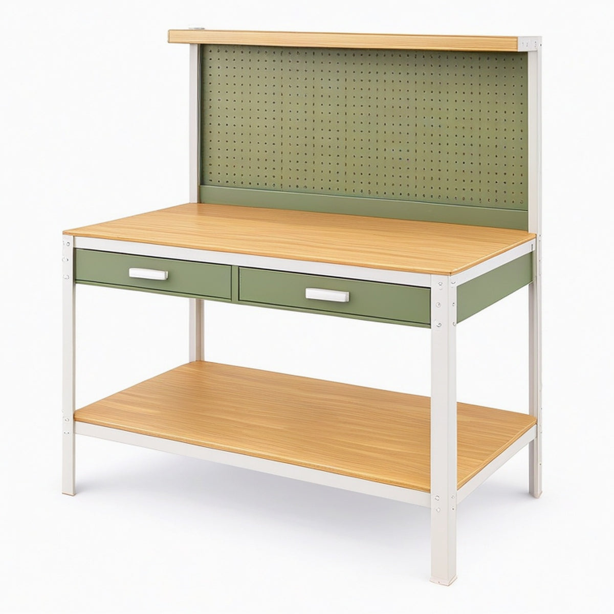 Établi d'atelier 120 x 60 x 180 cm en métal et bois vert avec panneau perforé et tiroirs