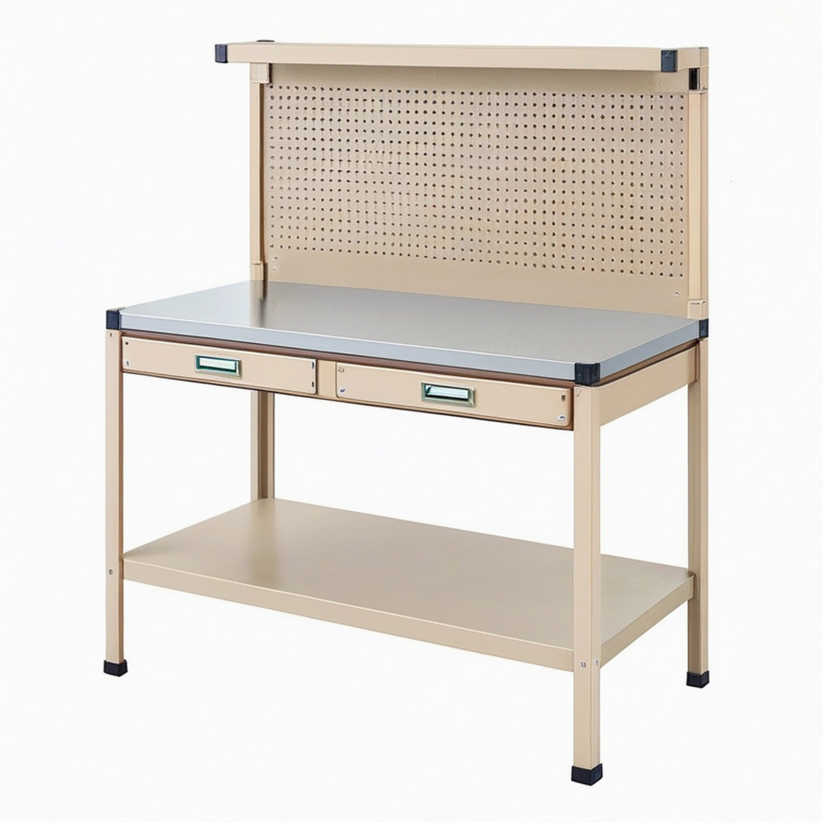 Établi d'atelier 120 x 60 x 170 cm en acier beige avec panneau perforé et tiroirs