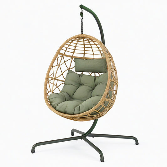 Fauteuil suspendu 105 x 105 x 195 cm en rotin naturel et acier vert pour détente style bohème