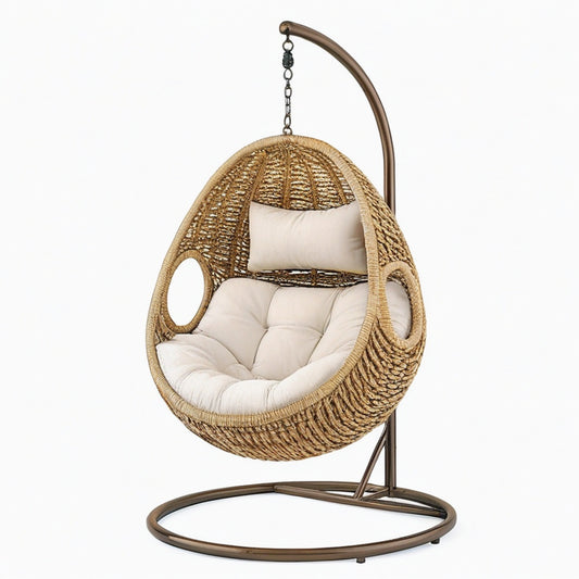Fauteuil suspendu 105 x 105 x 195 cm en rotin beige et métal brun avec support style bohème