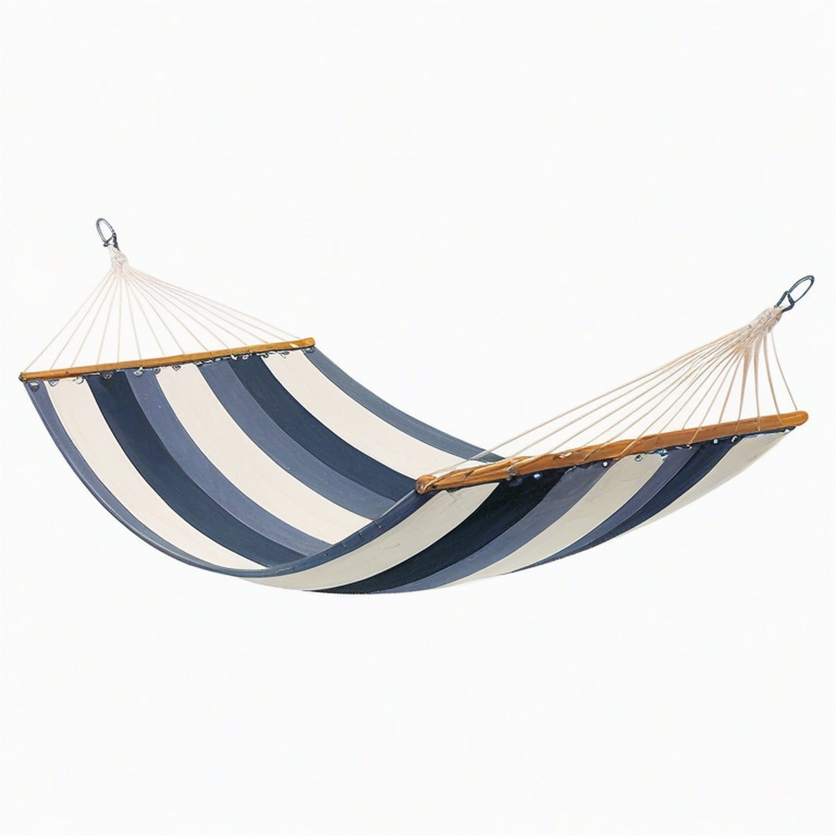 Hamac 320 x 140 cm en toile de coton bleu et blanc avec barres en bois rayé suspendu