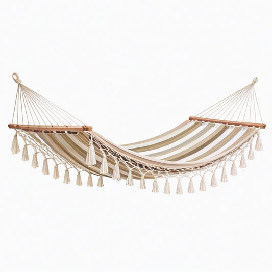 Hamac 300 x 80 cm en coton beige rayé - style bohème avec barres en bois