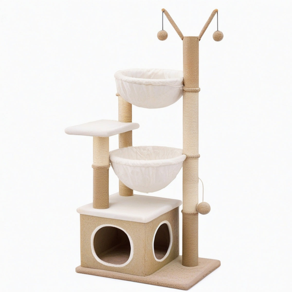 Arbre à chat 50 x 50 x 150 cm en sisal beige avec niche et hamacs