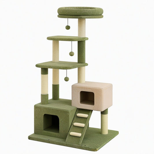 Arbre à chat 60 x 50 x 150 cm en peluche vert et beige avec griffoirs et niches