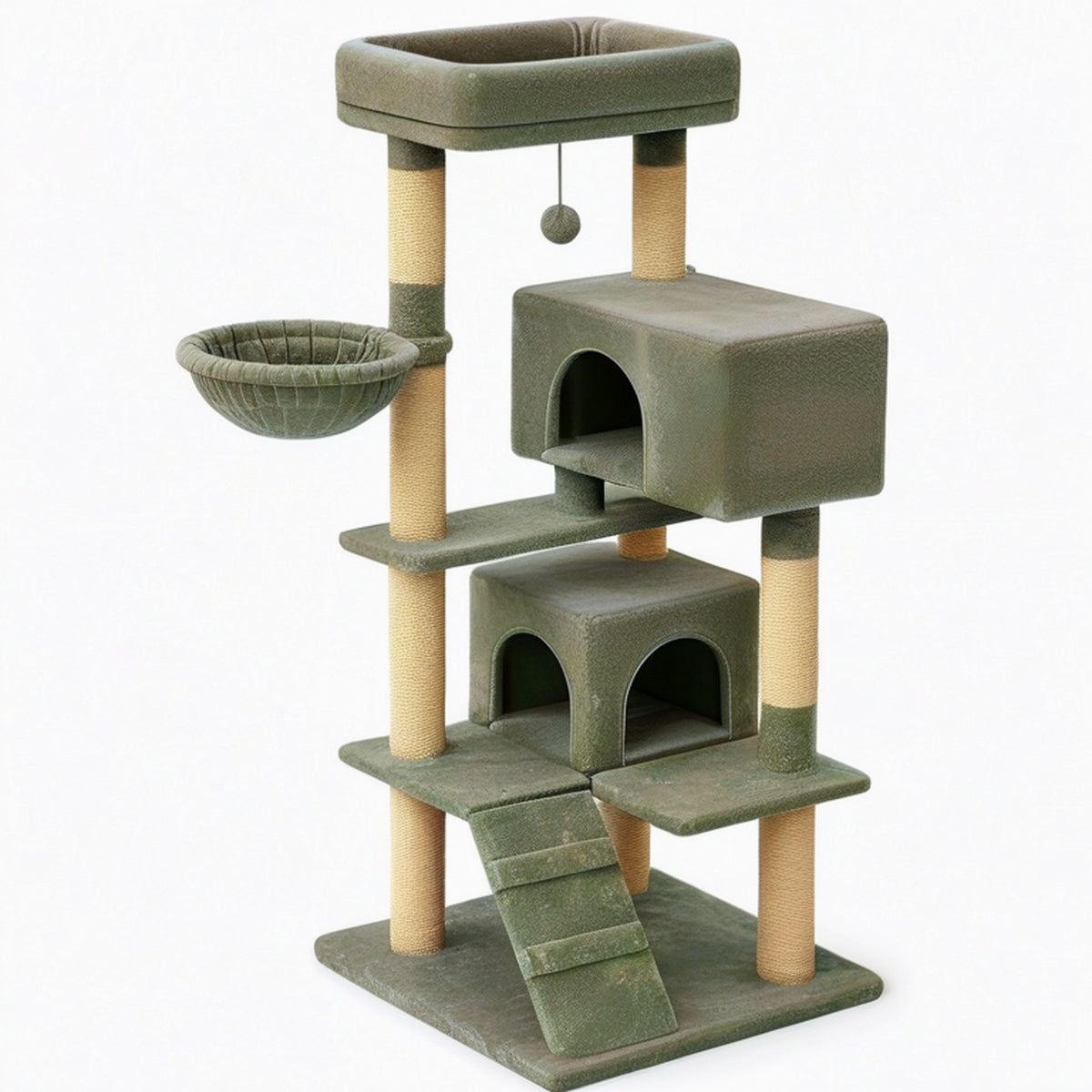 Arbre à chat 60 x 60 x 160 cm en tissu peluche vert avec griffoirs en sisal et niches