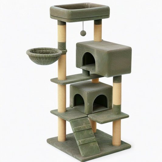 Arbre à chat 60 x 60 x 160 cm en tissu peluche vert avec griffoirs en sisal et niches