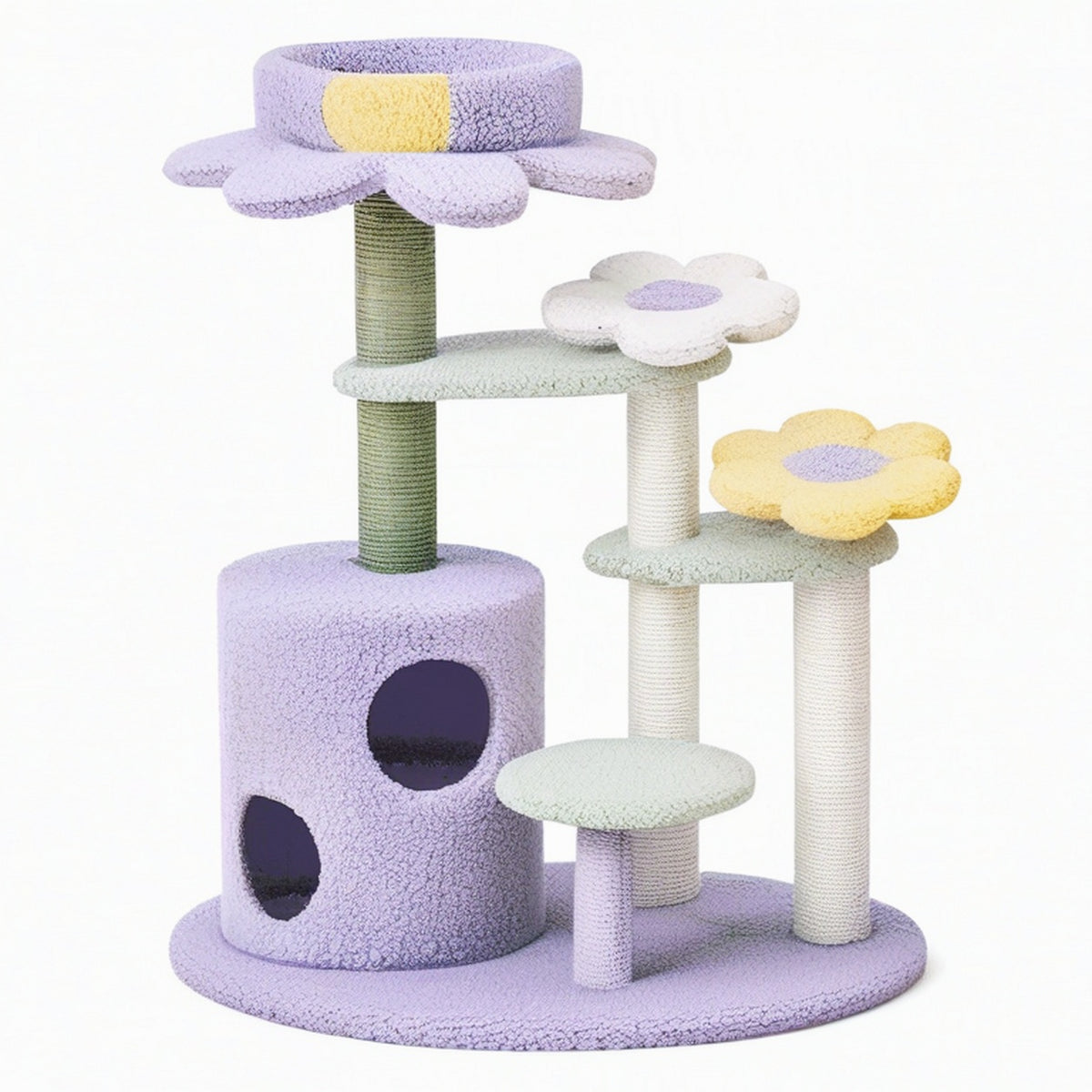 Arbre à chat 60 x 50 x 116 cm en sisal et peluche lilas avec plateformes florales