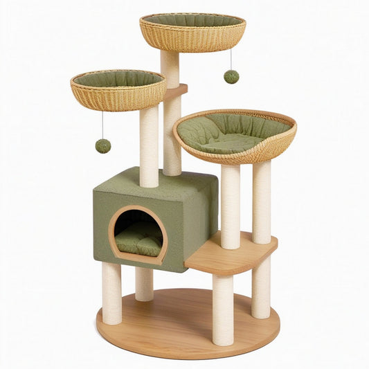 Arbre à chat 60 x 60 x 150 cm en osier naturel vert avec griffoirs et niches
