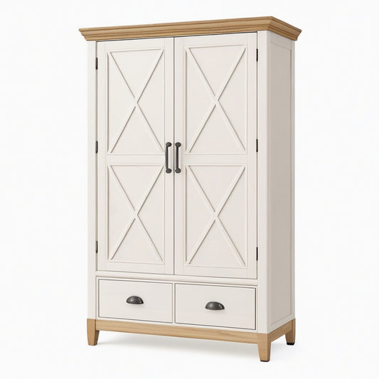 Armoire 100 x 50 x 200 cm en bois blanc et naturel style campagne avec 2 portes et 2 tiroirs