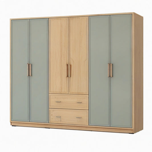 Armoire 240 x 60 x 220 cm en panneaux de bois chêne et vert sauge à 6 portes avec 2 tiroirs