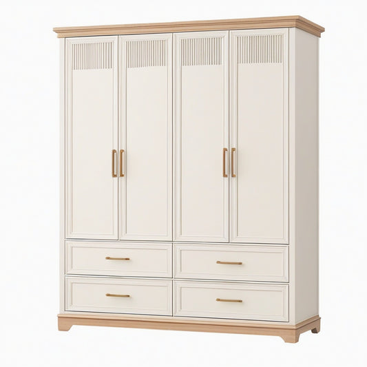 Armoire 200 x 60 x 220 cm en panneaux de bois blanc crème à 4 portes et 4 tiroirs style classique