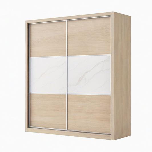 Armoire 120 x 60 x 200 cm en panneaux décor bois chêne et blanc effet marbre - 2 portes coulissantes style contemporain