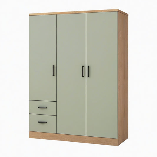 Armoire 120 x 50 x 200 cm en panneaux de bois vert sauge et bois naturel avec 3 portes et 2 tiroirs style contemporain