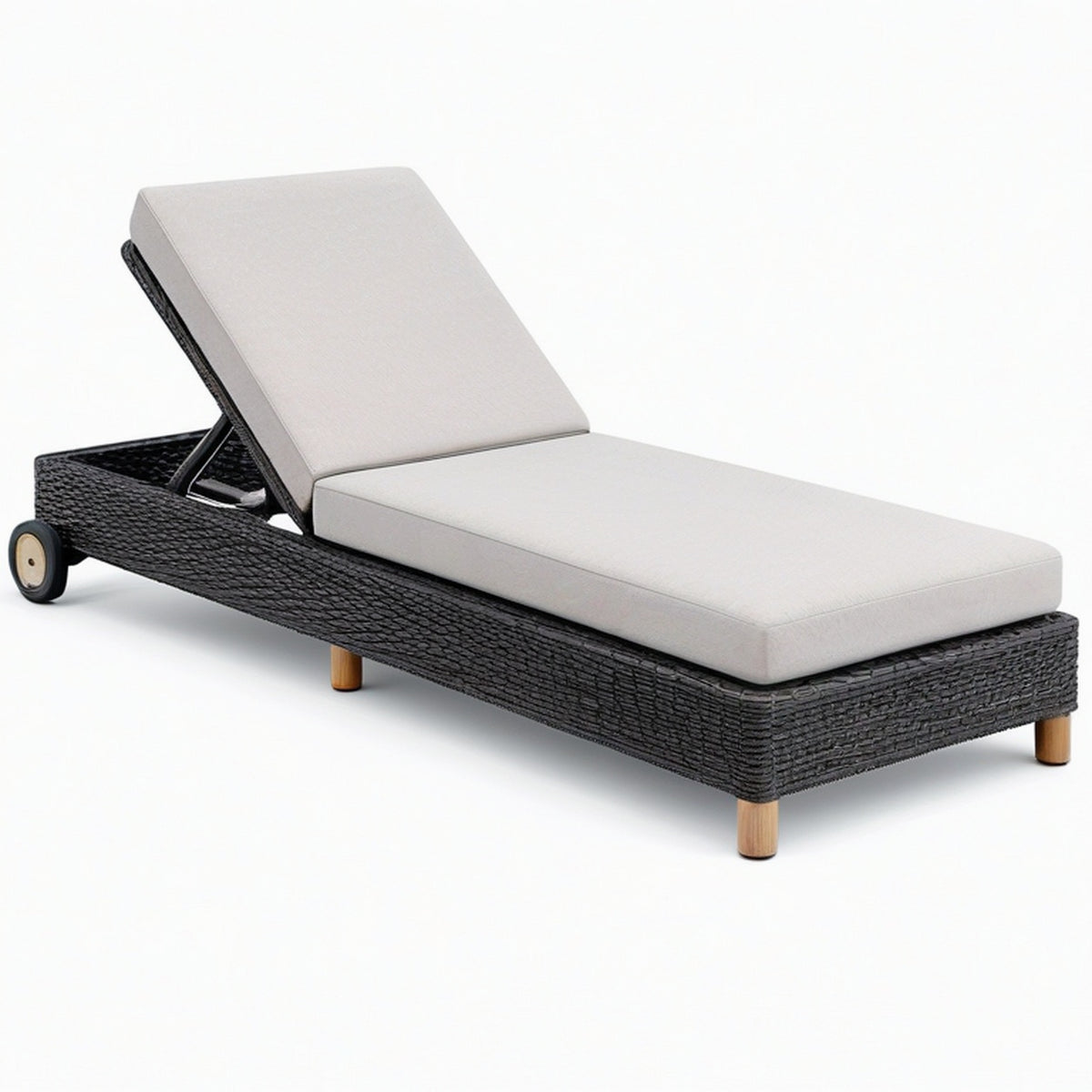 Transat de jardin 200 x 70 cm en résine tressée noir et coussin gris avec dossier réglable