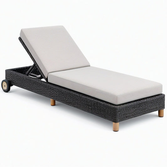 Transat de jardin 200 x 70 cm en résine tressée noir et coussin gris avec dossier réglable