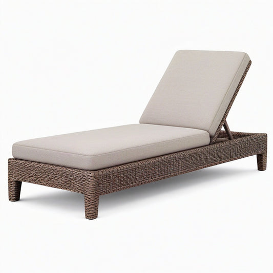 Bain de soleil 200 x 70 cm en résine tressée marron avec coussins beige - dossier inclinable extérieur