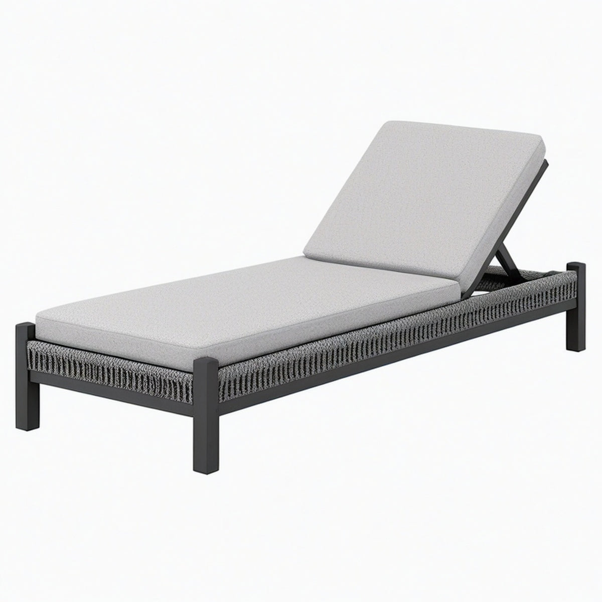 Chaise longue de jardin 200 x 70 cm en métal noir et corde tressée grise avec dossier réglable