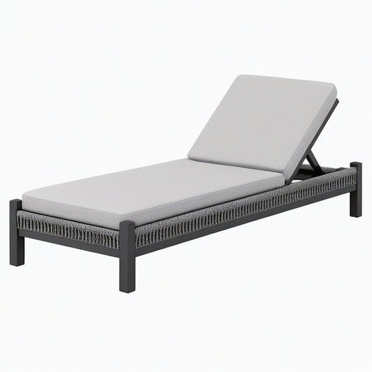Chaise longue de jardin 200 x 70 cm en métal noir et corde tressée grise avec dossier réglable